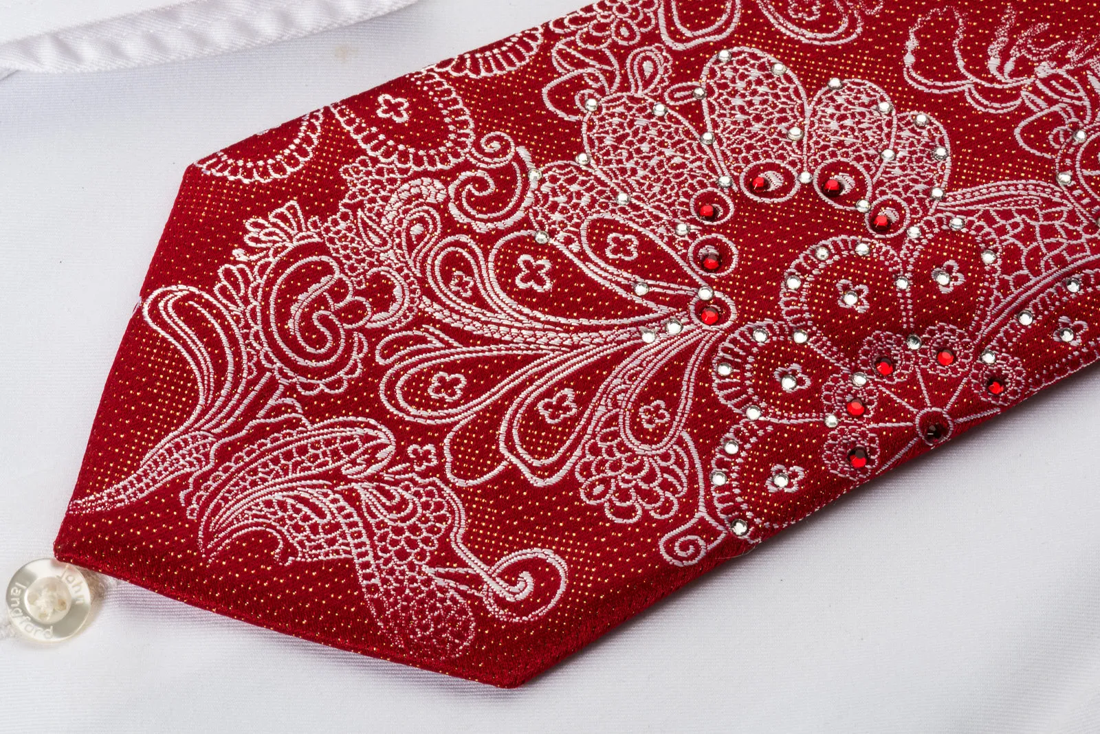 Vito Rufolo Rhinestone Silk Necktie Silver Floral Paisley On Red With Golden Sparkles
