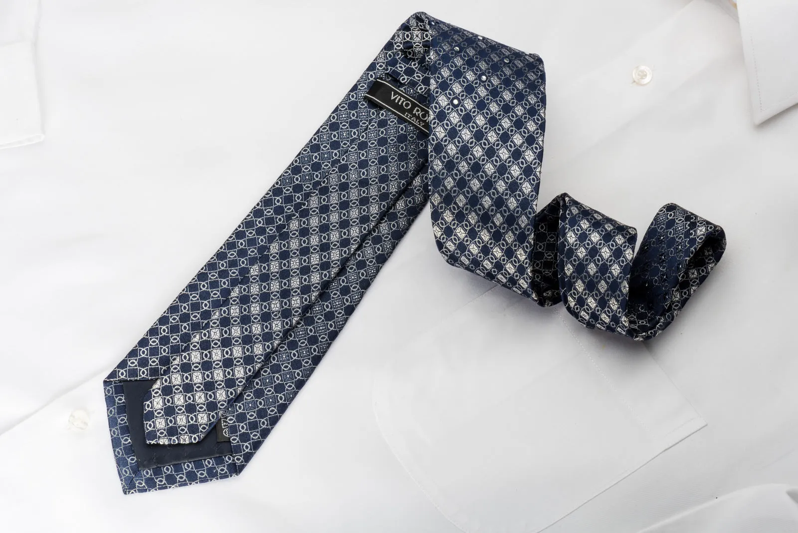 Vito Rufolo Rhinestone Silk Necktie Silver Ovals On Blue With Sparkles