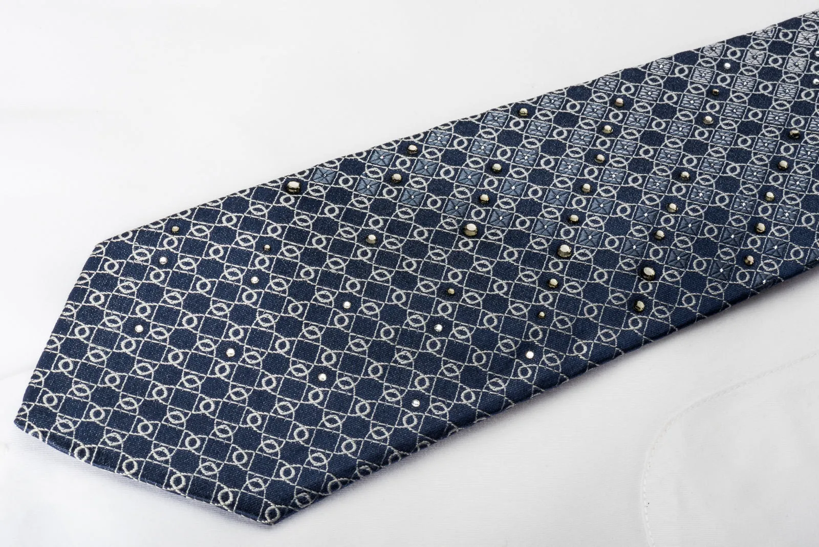 Vito Rufolo Rhinestone Silk Necktie Silver Ovals On Blue With Sparkles