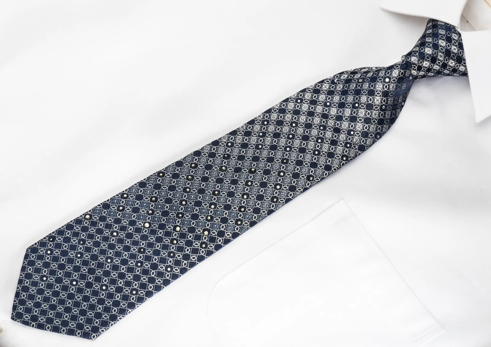 Vito Rufolo Rhinestone Silk Necktie Silver Ovals On Blue With Sparkles