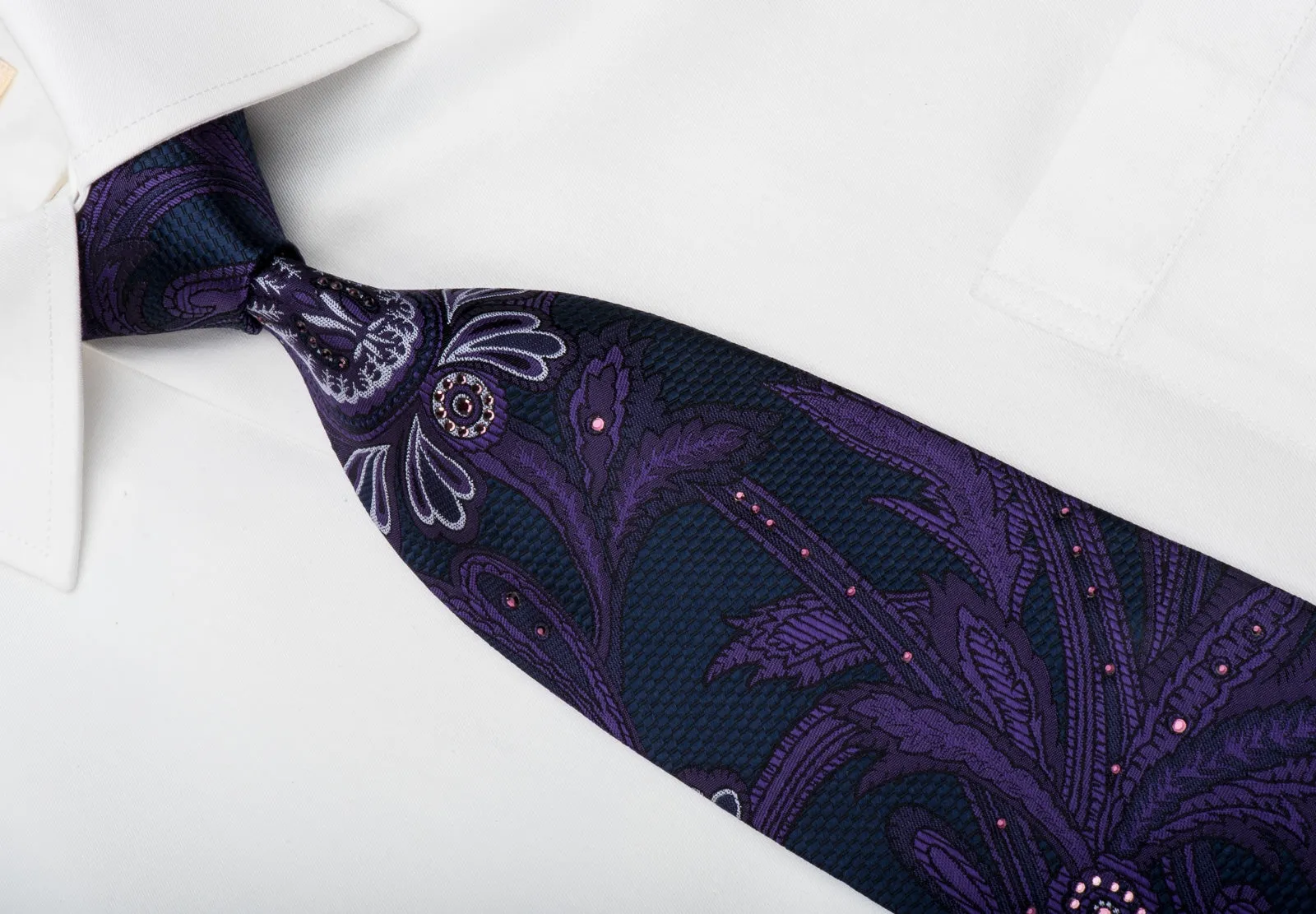 Vito Rufolo Silk Tie Purple Acanthus On Blue Sparling With Rhinestones