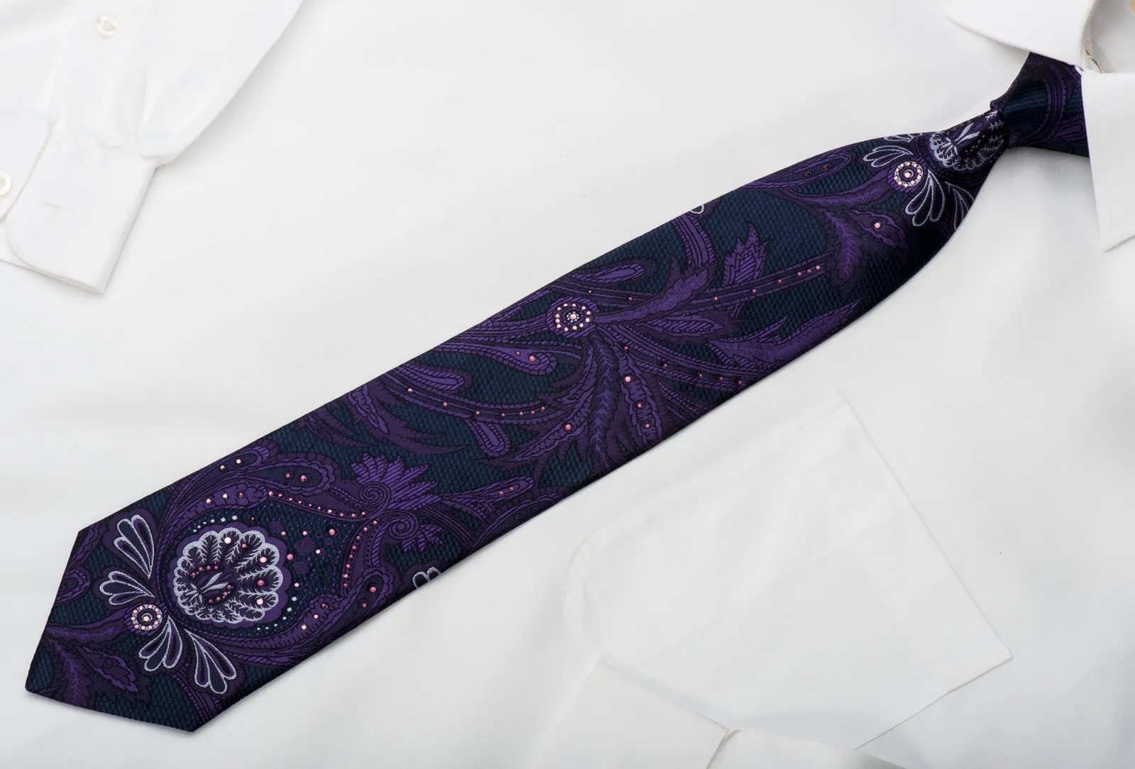 Vito Rufolo Silk Tie Purple Acanthus On Blue Sparling With Rhinestones