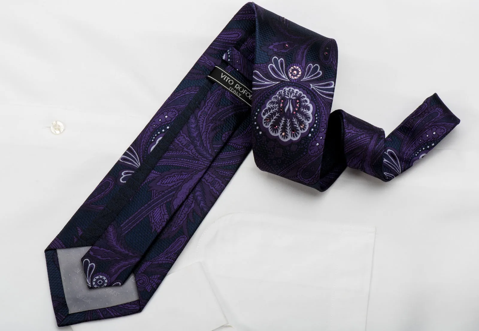 Vito Rufolo Silk Tie Purple Acanthus On Blue Sparling With Rhinestones