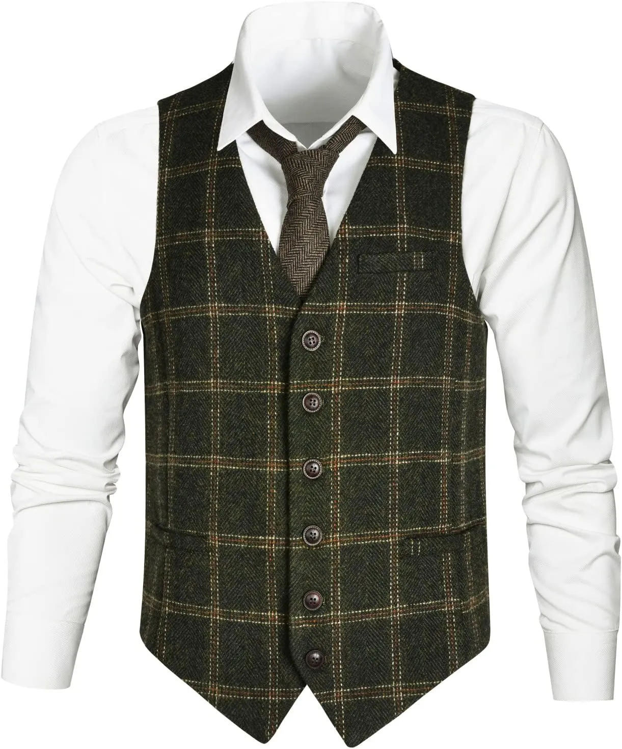 VOBOOM Men's Slim Fit Herringbone Tweed Suits Vest Premium Wool Blend Waistcoat
