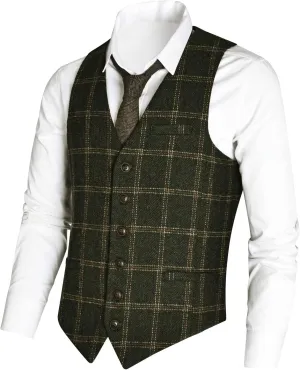 VOBOOM Men's Slim Fit Herringbone Tweed Suits Vest Premium Wool Blend Waistcoat