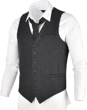 VOBOOM Men's Slim Fit Herringbone Tweed Suits Vest Premium Wool Blend Waistcoat