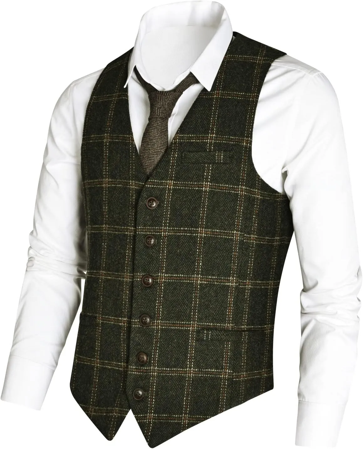 VOBOOM Men's Slim Fit Herringbone Tweed Suits Vest Premium Wool Blend Waistcoat