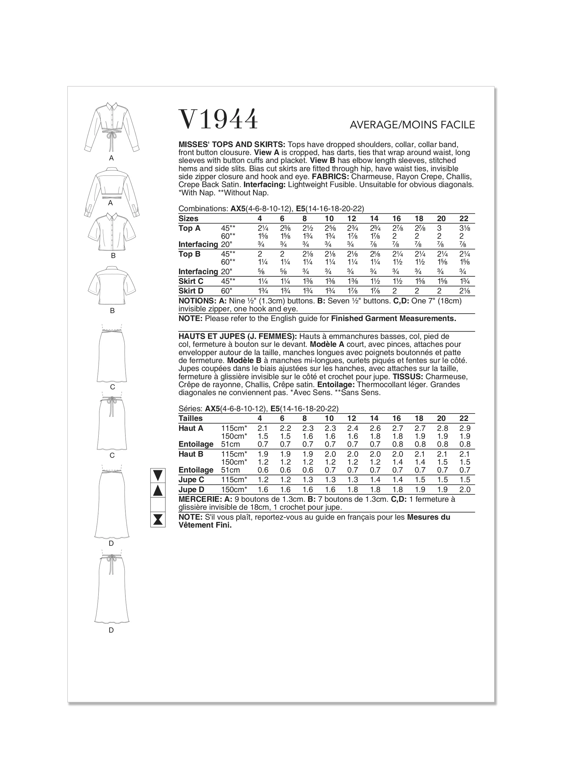 Vogue Sewing Pattern V1944 Misses' Tops and Skirts