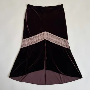 Vtg 90s brown velvet   lace midi skirt (L)