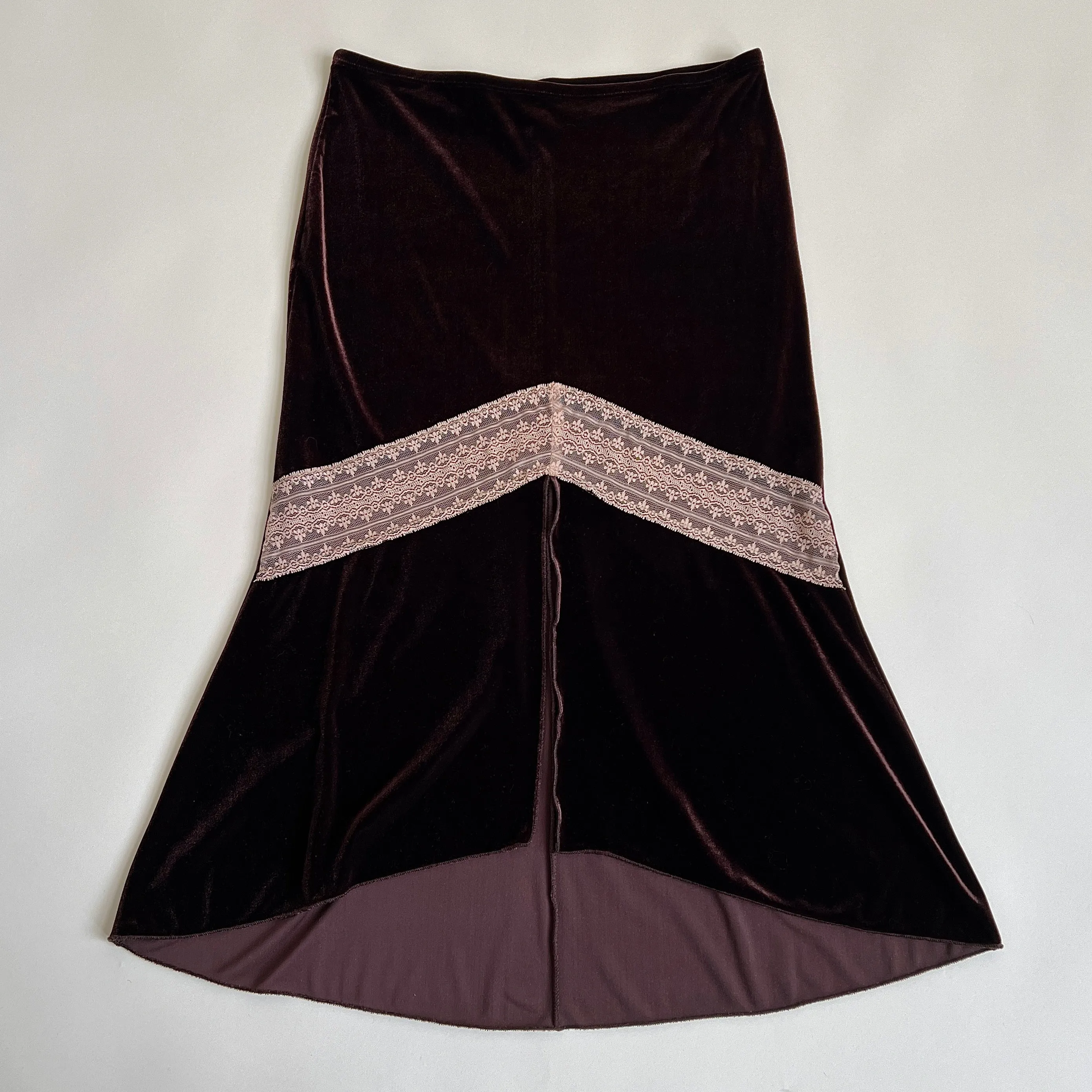 Vtg 90s brown velvet   lace midi skirt (L)