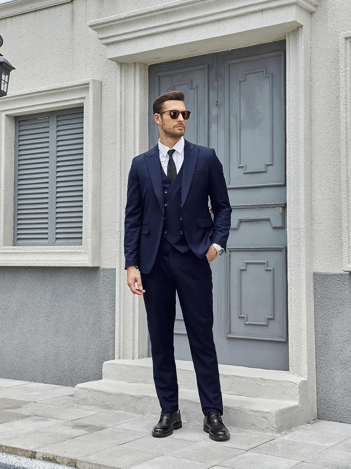 Wangyue Men's Double Breasted Suit 3 Piece Suits Slim Fit Wedding Suit One Button Blazer Prom Suit Vest Pants Suit Sets