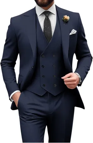Wangyue Men's Double Breasted Suit 3 Piece Suits Slim Fit Wedding Suit One Button Blazer Prom Suit Vest Pants Suit Sets