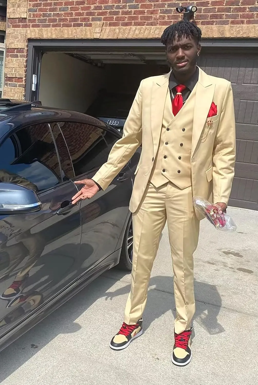 Wangyue Men's Double Breasted Suit 3 Piece Suits Slim Fit Wedding Suit One Button Blazer Prom Suit Vest Pants Suit Sets