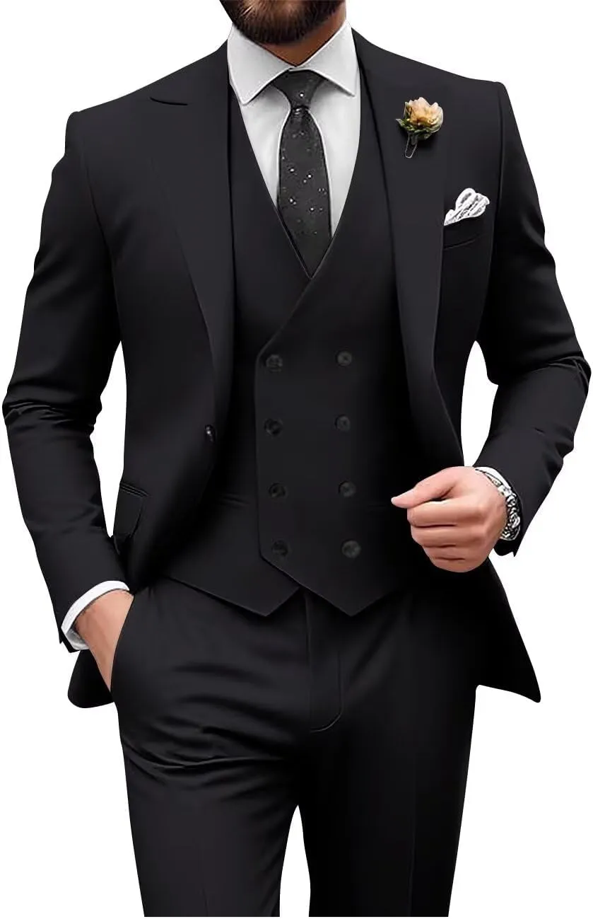 Wangyue Men's Double Breasted Suit 3 Piece Suits Slim Fit Wedding Suit One Button Blazer Prom Suit Vest Pants Suit Sets