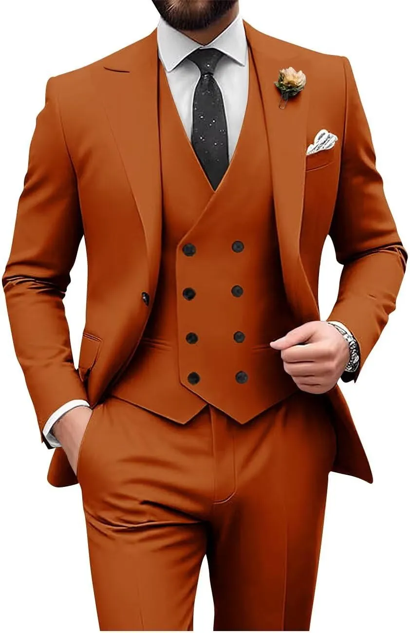 Wangyue Men's Double Breasted Suit 3 Piece Suits Slim Fit Wedding Suit One Button Blazer Prom Suit Vest Pants Suit Sets