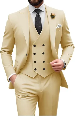 Wangyue Men's Double Breasted Suit 3 Piece Suits Slim Fit Wedding Suit One Button Blazer Prom Suit Vest Pants Suit Sets
