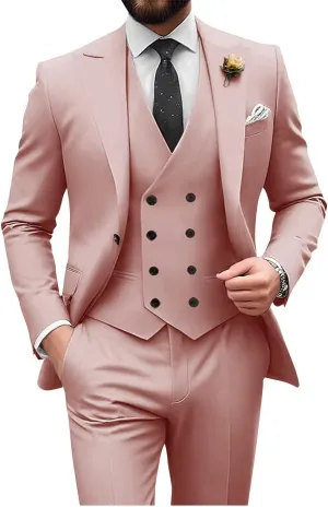 Wangyue Men's Double Breasted Suit 3 Piece Suits Slim Fit Wedding Suit One Button Blazer Prom Suit Vest Pants Suit Sets