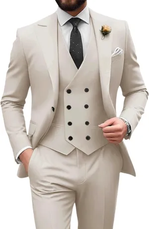 Wangyue Men's Double Breasted Suit 3 Piece Suits Slim Fit Wedding Suit One Button Blazer Prom Suit Vest Pants Suit Sets
