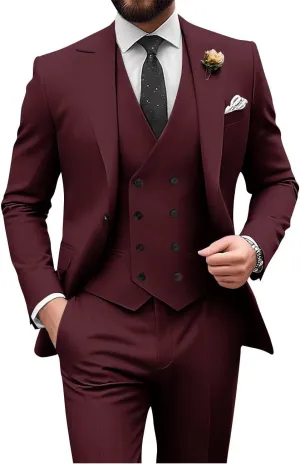 Wangyue Men's Double Breasted Suit 3 Piece Suits Slim Fit Wedding Suit One Button Blazer Prom Suit Vest Pants Suit Sets