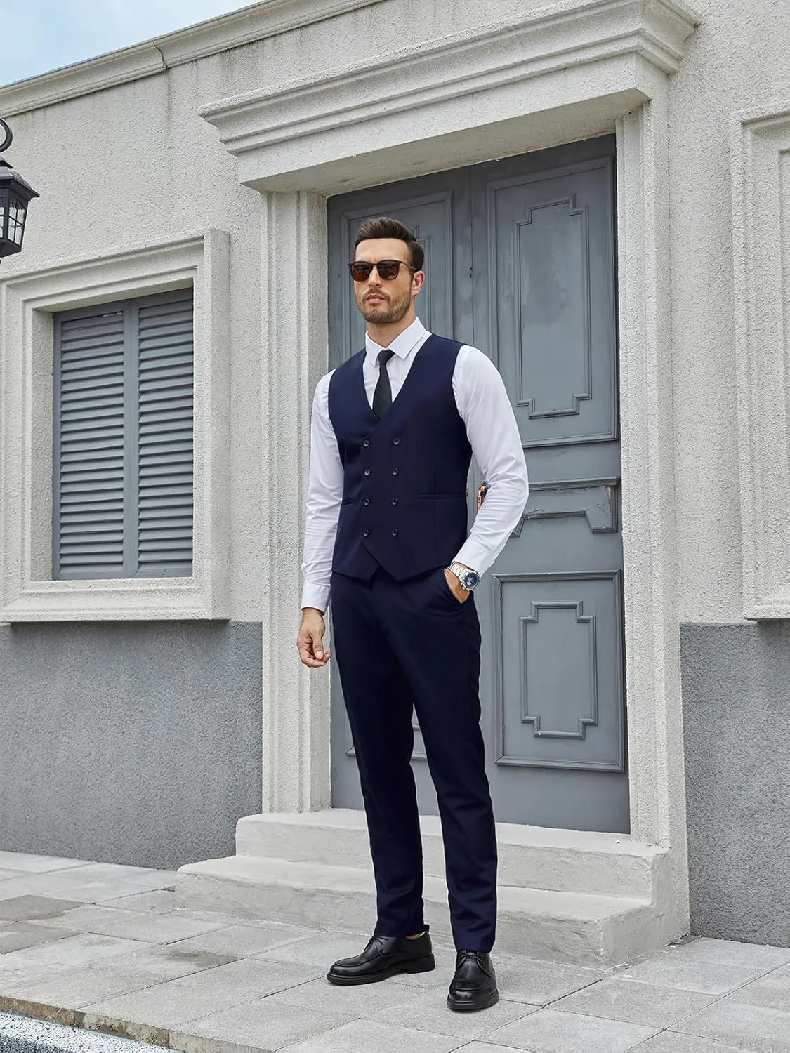 Wangyue Men's Double Breasted Suit 3 Piece Suits Slim Fit Wedding Suit One Button Blazer Prom Suit Vest Pants Suit Sets