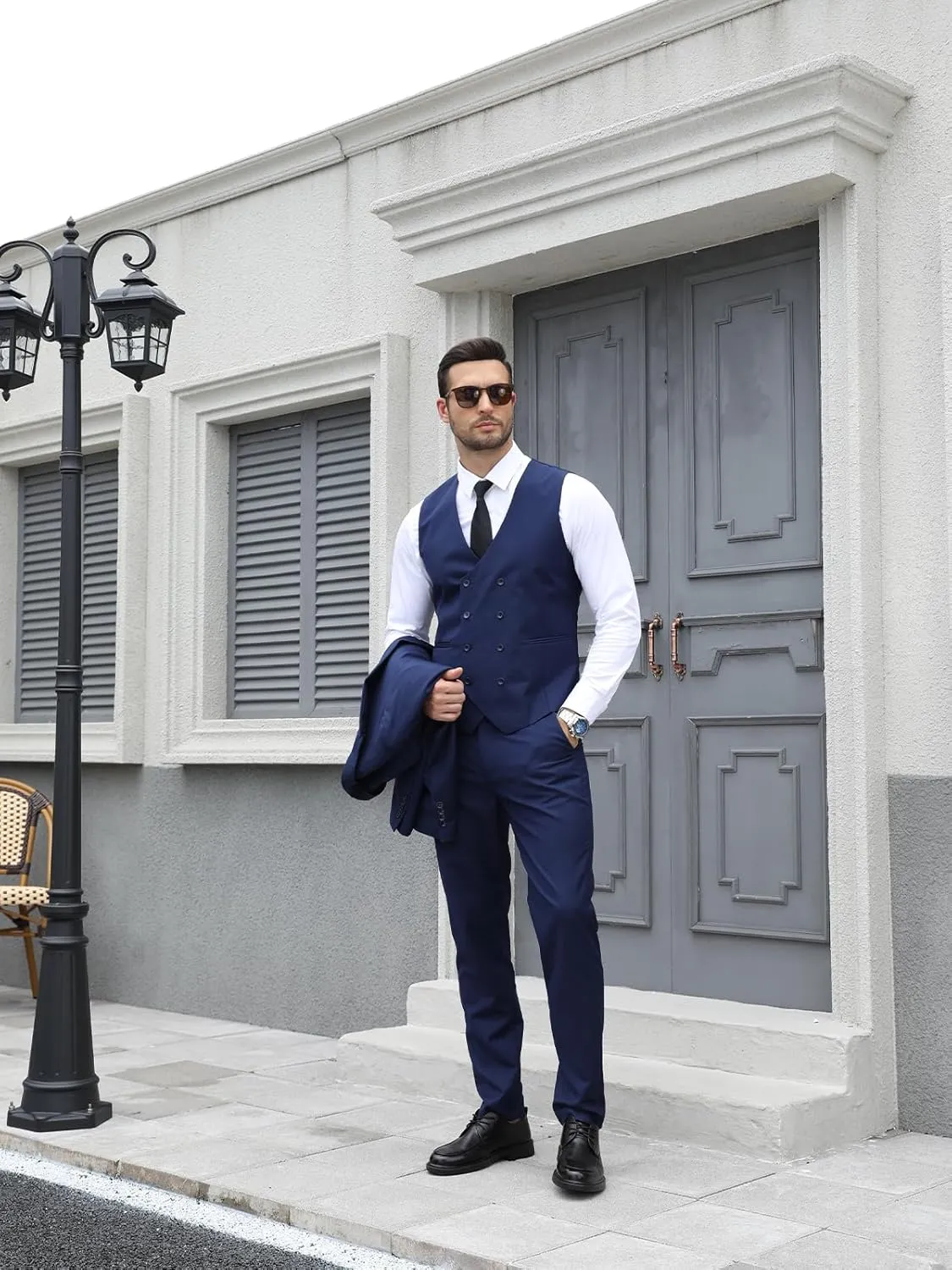 Wangyue Men's Double Breasted Suit 3 Piece Suits Slim Fit Wedding Suit One Button Blazer Prom Suit Vest Pants Suit Sets
