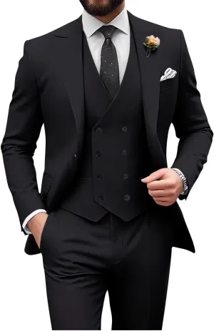 Wangyue Men's Double Breasted Suit 3 Piece Suits Slim Fit Wedding Suit One Button Blazer Prom Suit Vest Pants Suit Sets