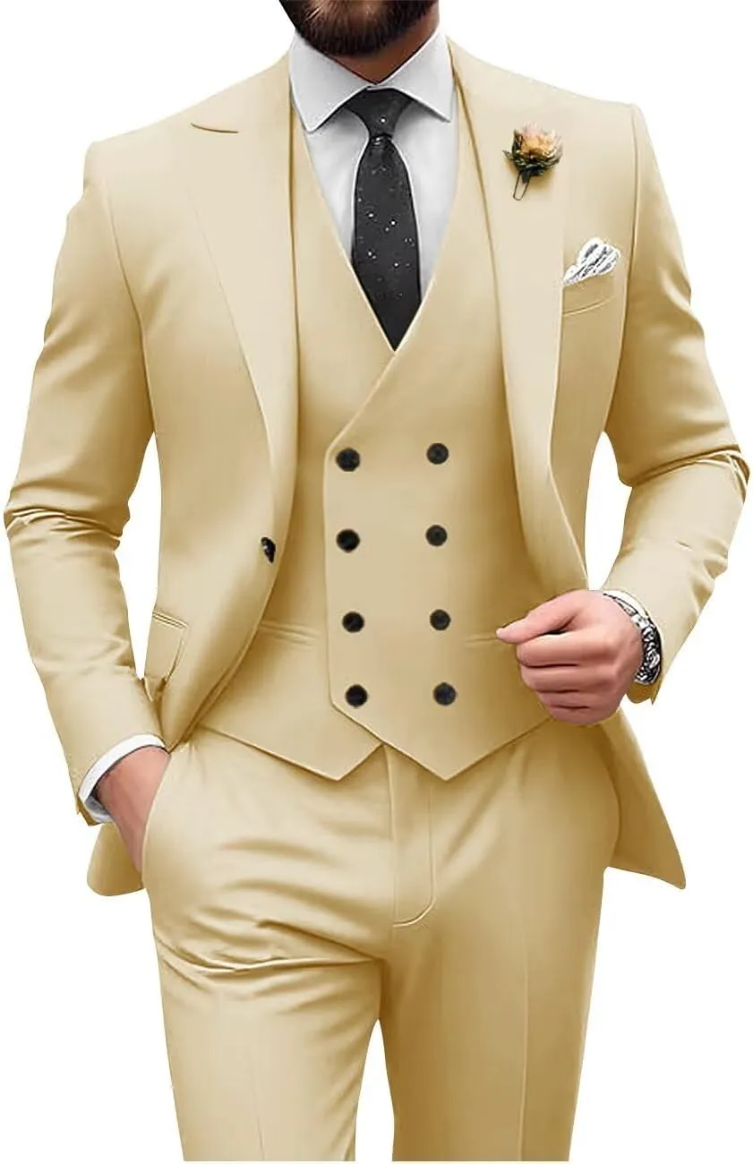 Wangyue Men's Double Breasted Suit 3 Piece Suits Slim Fit Wedding Suit One Button Blazer Prom Suit Vest Pants Suit Sets