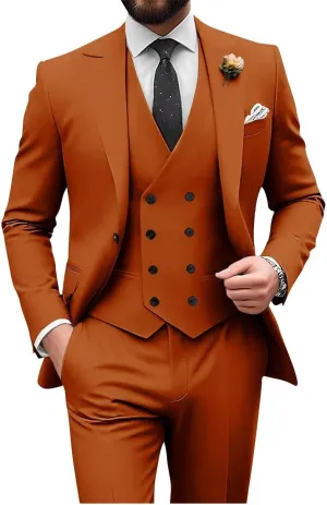 Wangyue Men's Double Breasted Suit 3 Piece Suits Slim Fit Wedding Suit One Button Blazer Prom Suit Vest Pants Suit Sets