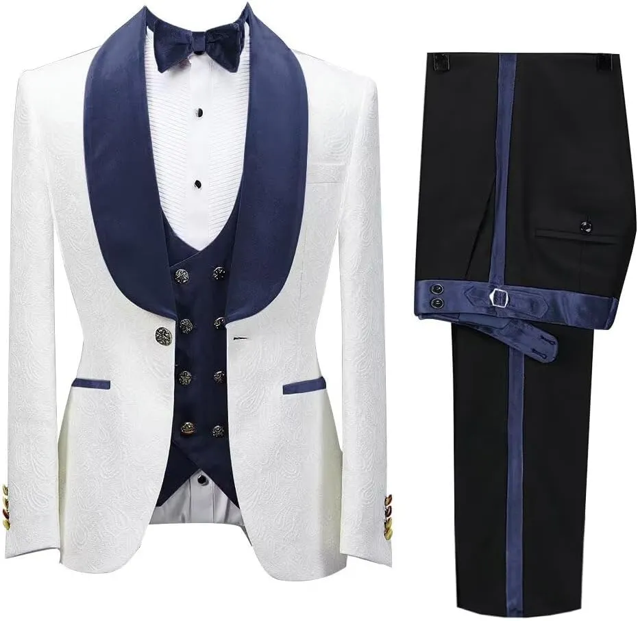Wangyue Men's Floral Jacquard Tuxedo Suits Slim Fit 3 Piece Suits Shawl Collar Suit for Men Wedding Groom with Bow Tie