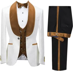 Wangyue Men's Floral Jacquard Tuxedo Suits Slim Fit 3 Piece Suits Shawl Collar Suit for Men Wedding Groom with Bow Tie