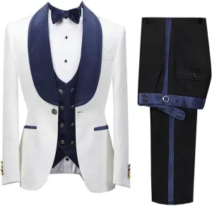 Wangyue Men's Floral Jacquard Tuxedo Suits Slim Fit 3 Piece Suits Shawl Collar Suit for Men Wedding Groom with Bow Tie