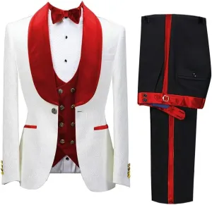 Wangyue Men's Floral Jacquard Tuxedo Suits Slim Fit 3 Piece Suits Shawl Collar Suit for Men Wedding Groom with Bow Tie