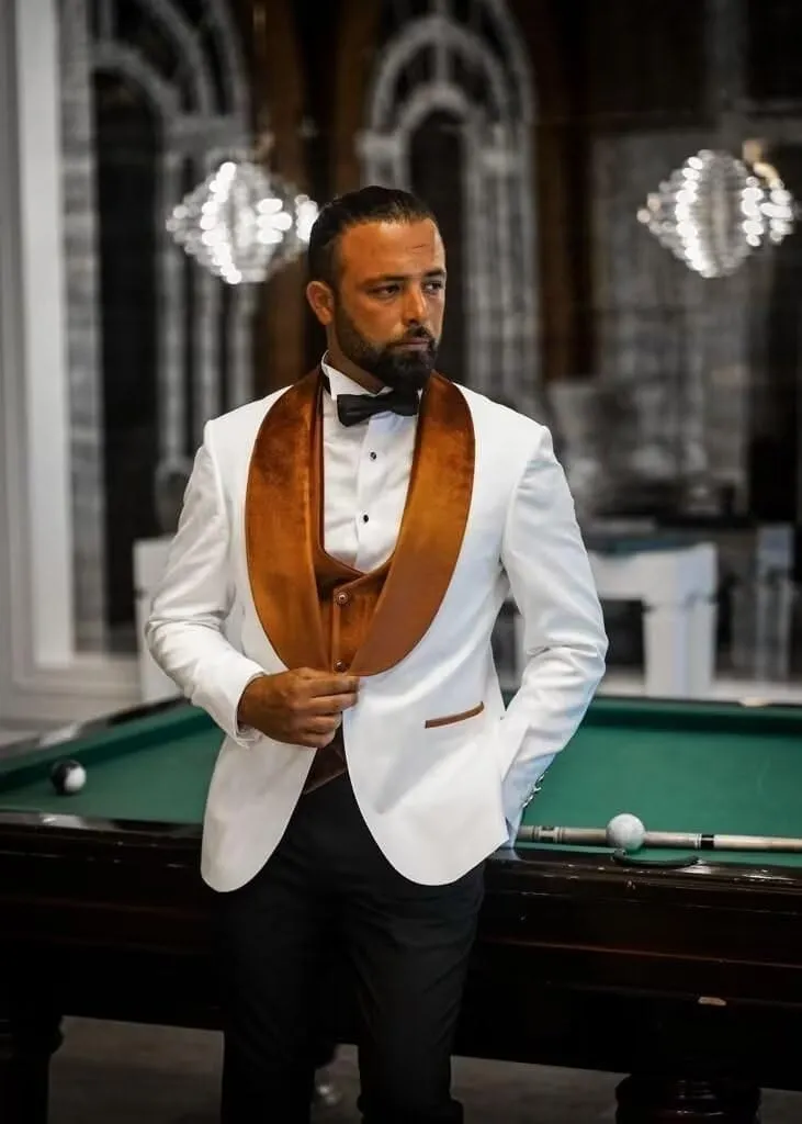 Wangyue Men's Floral Jacquard Tuxedo Suits Slim Fit 3 Piece Suits Shawl Collar Suit for Men Wedding Groom with Bow Tie