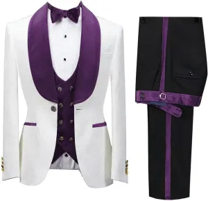 Wangyue Men's Floral Jacquard Tuxedo Suits Slim Fit 3 Piece Suits Shawl Collar Suit for Men Wedding Groom with Bow Tie