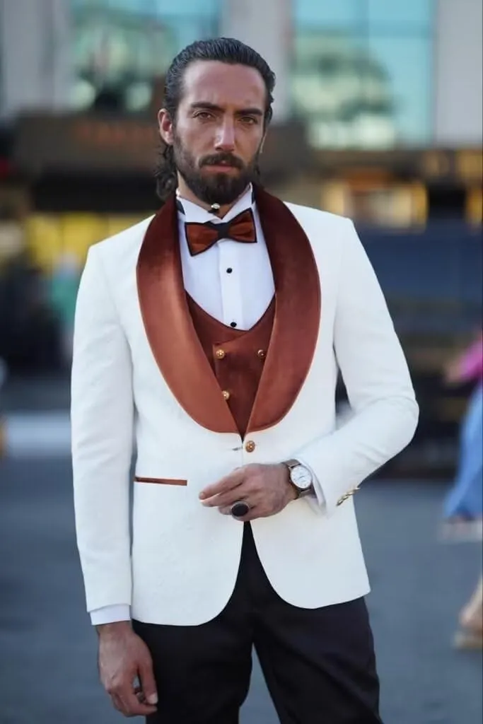 Wangyue Men's Floral Jacquard Tuxedo Suits Slim Fit 3 Piece Suits Shawl Collar Suit for Men Wedding Groom with Bow Tie