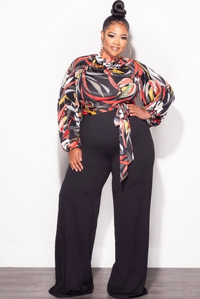 Final Sale Plus Size Colorblock Jumpsuit with Tie in Black Multi Color Leaf Print All weather TemperatureRegulation