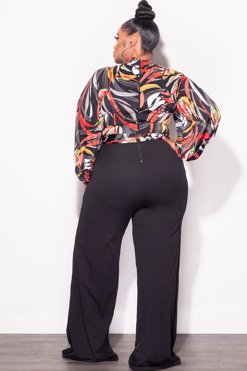 Final Sale Plus Size Colorblock Jumpsuit with Tie in Black Multi Color Leaf Print Modern Waist