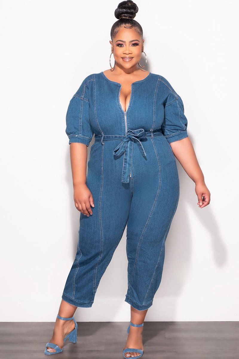Final Sale Plus Size Cropped Zip-Up Wide Leg Jumpsuit in Dark Denim Training Comfort Day To Night