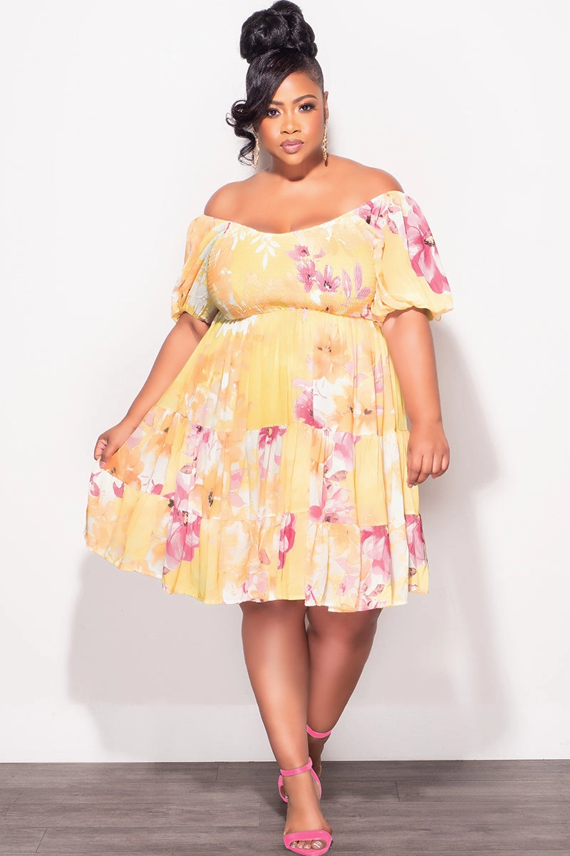 Final Sale Plus Size Smocked Chiffon Baby Doll Dress in Yellow Orange & Pink Floral Print Street Utility