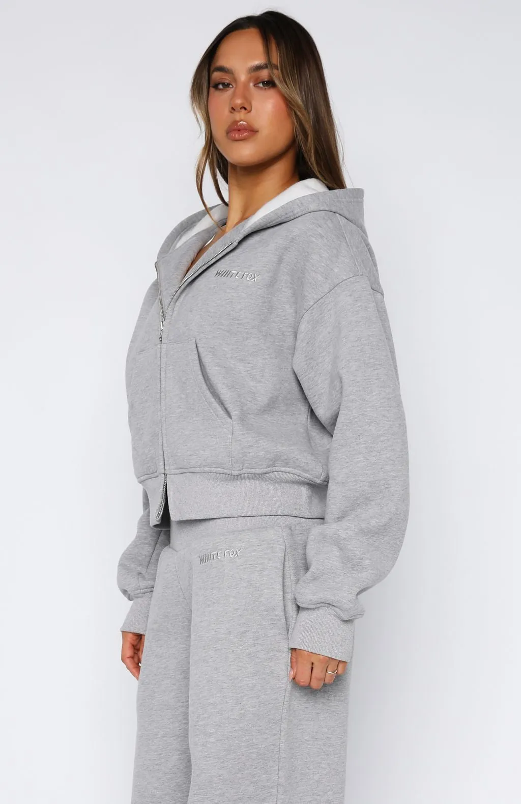 Come A Long Way Boxy Zip Front Hoodie Grey Marle Layered Look