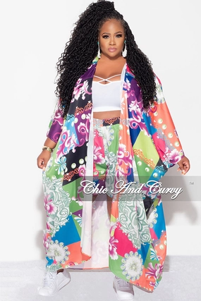 Chilly Weather Wear Water Repellent Final Sale Plus Size 2pc Set Jersey Cocoon Satin Duster & Shorts in Multi Color Design Print