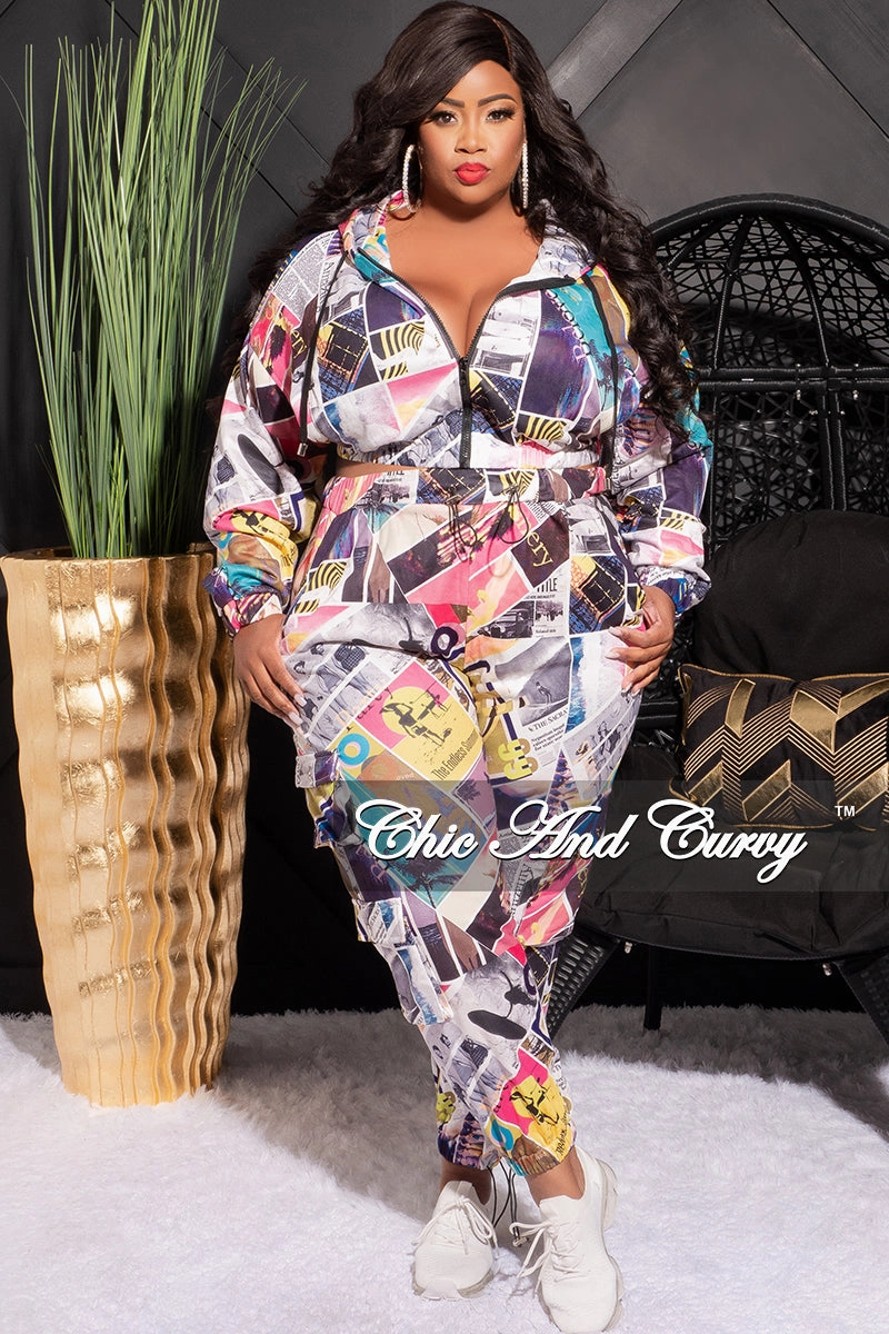 Final Sale Plus Size 2pc Hooded Crop Zip Up Jacket and Jogger Pants Set in Yellow, Pink and Mustard Multi Color Print AbrasionResistantFabric Windproof coating