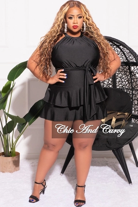 Sophisticated Look Final Sale Plus Size Halter Layered Dress with Waist Tie in Black