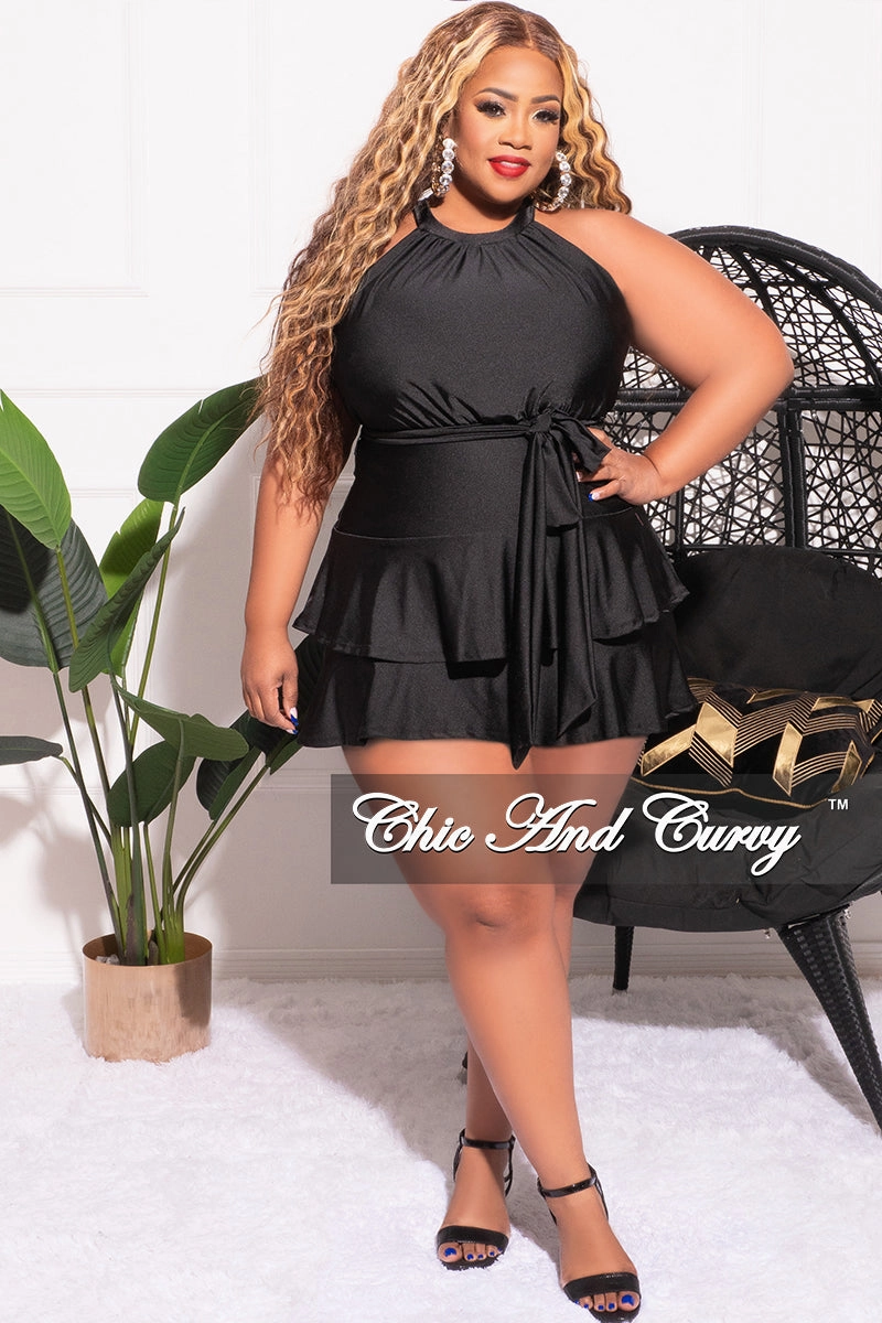 Tight Fit ReinforcedBeltLoops Final Sale Plus Size Halter Layered Dress with Waist Tie in Black