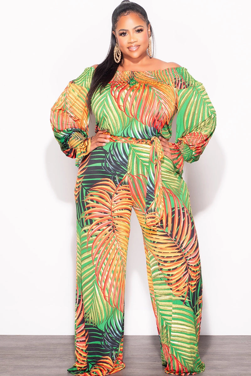 Final Sale Plus Size Off The Shoulder Jumpsuit with Waist Tie in Tropical Print Clean Finish
