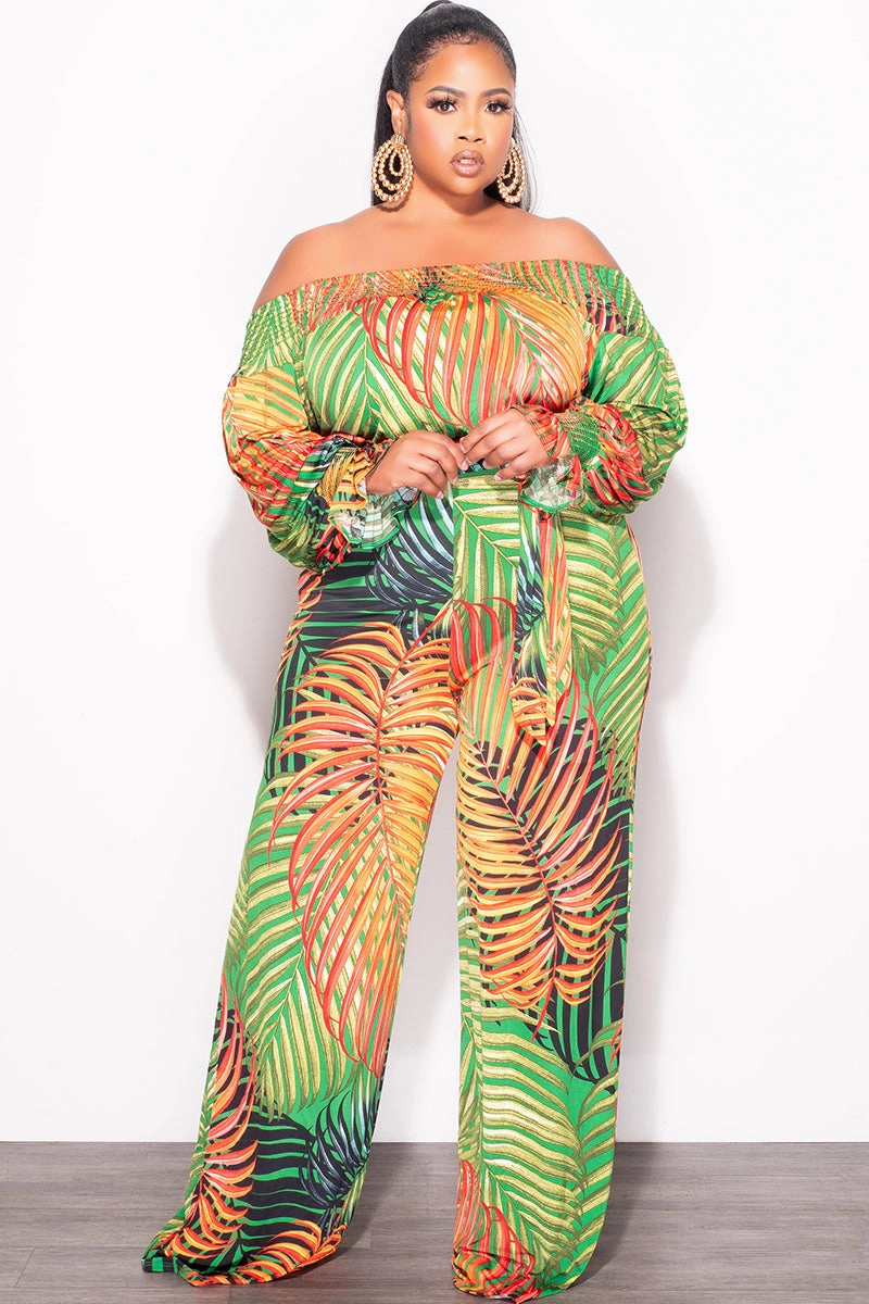 All-day Comfort Outdoor Fit Final Sale Plus Size Off The Shoulder Jumpsuit with Waist Tie in Tropical Print