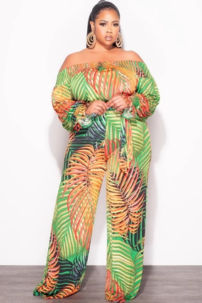All-day Comfort Outdoor Fit Final Sale Plus Size Off The Shoulder Jumpsuit with Waist Tie in Tropical Print