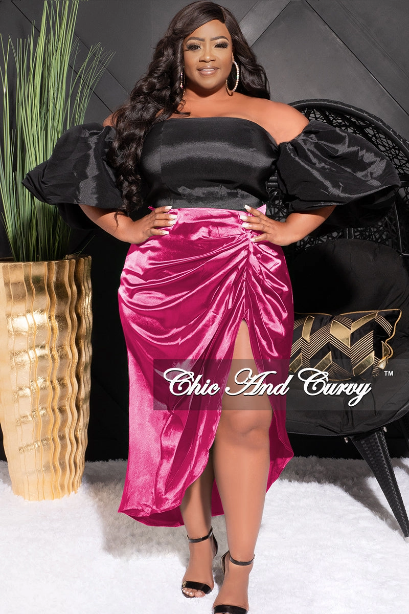 Comfort waistband Final Sale Plus Size Satin Ruched Skirt in Fuchsia