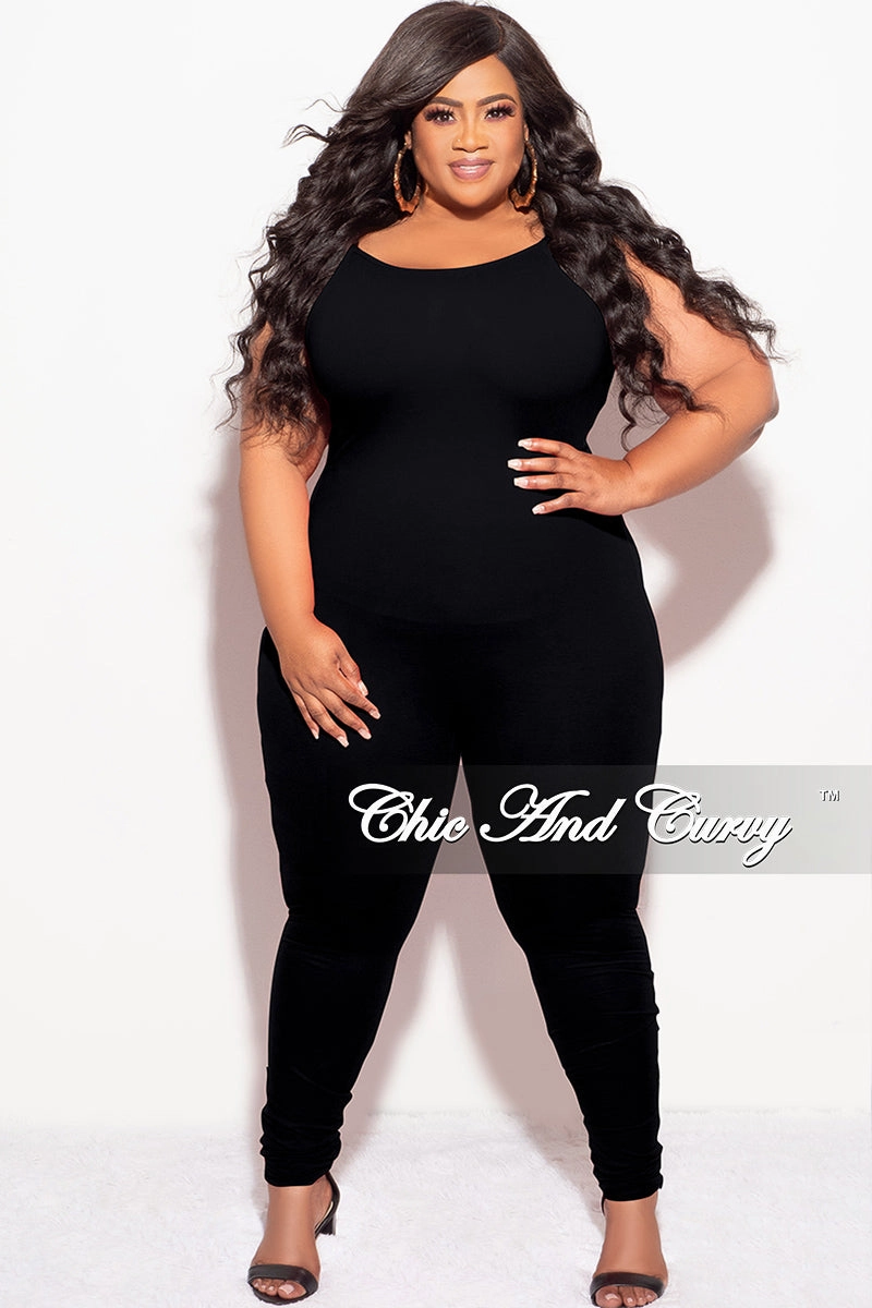 Durable Seams All Day Use Final Sale Plus Size Spaghetti Strap Catsuit Unitard in Black
