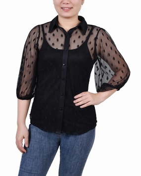 Petite Elbow Sleeve Clip Dot Blouse With Camisole Wool Sweater RibbedTrims